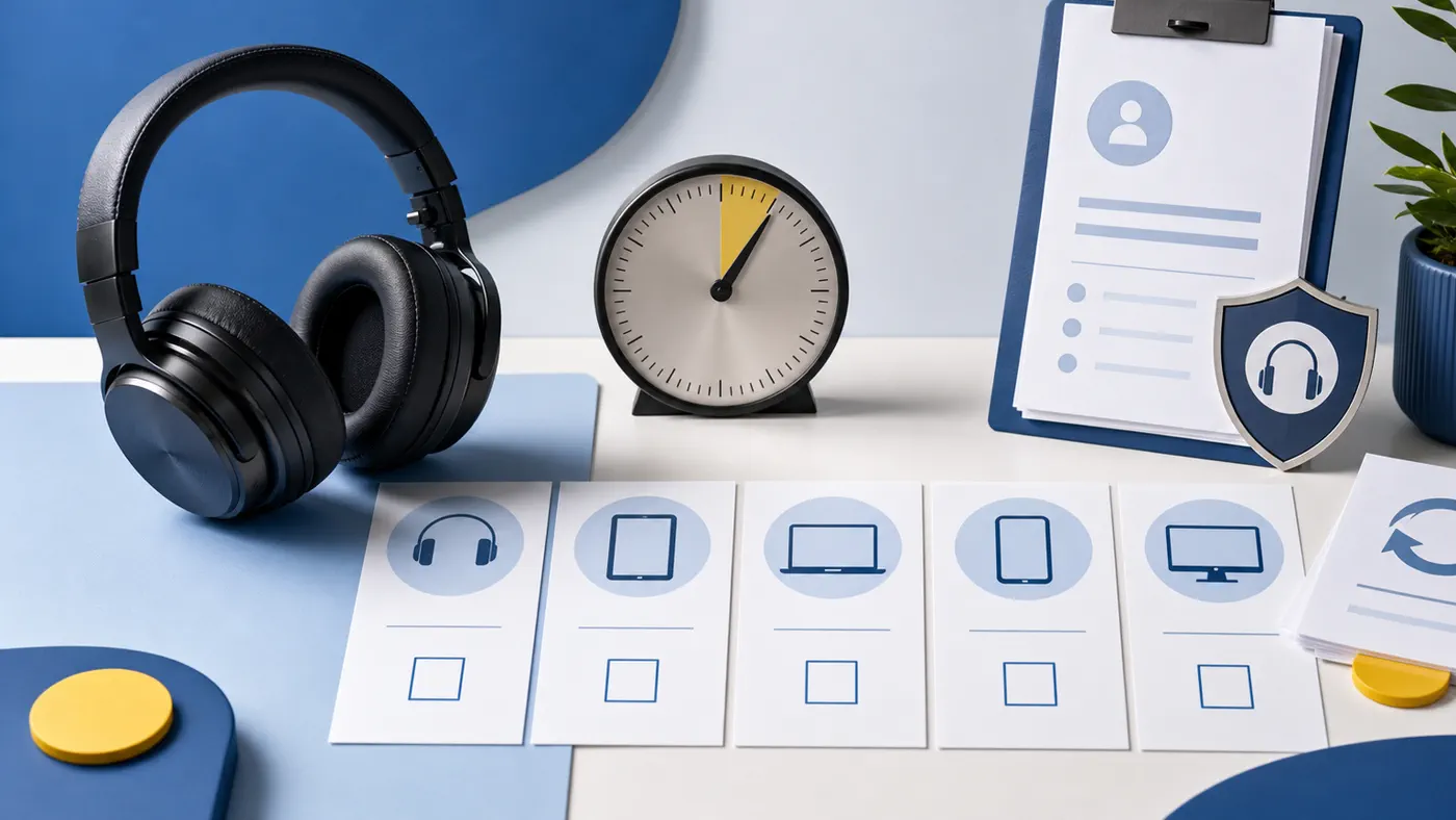 Headphones, a 12-minute dial, and blank buyer check cards on a pale blue desk