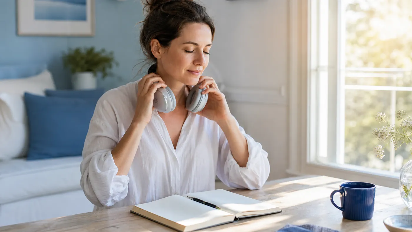Adult reflecting in a notebook after a calm home headphone session