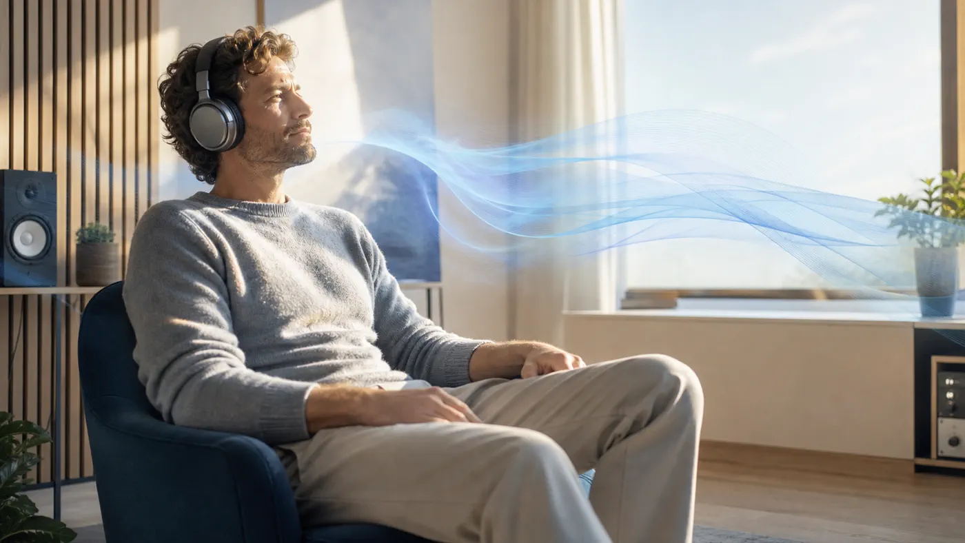 Adult evaluating a short headphone listening routine in a bright home studio
