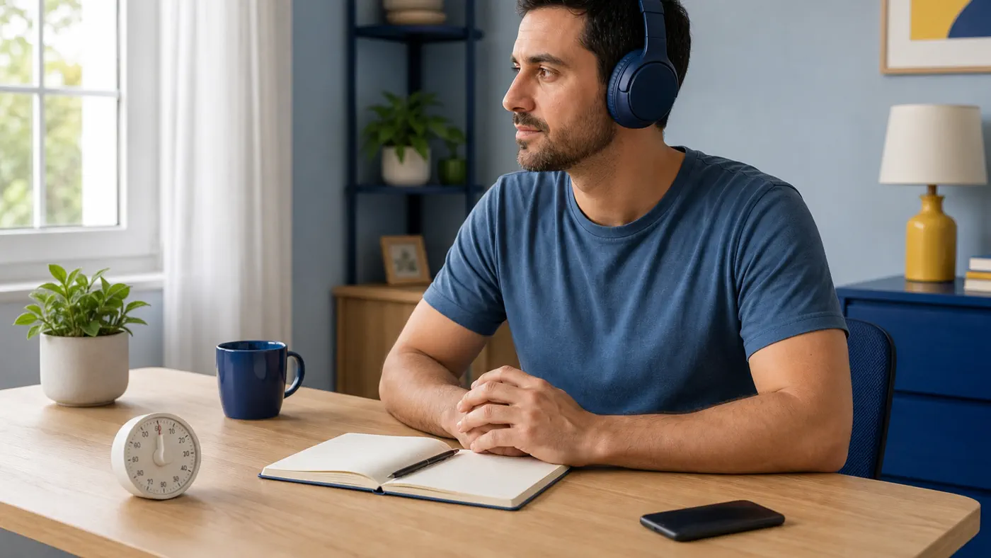 Adult using headphones at a tidy morning desk beside a notebook and timer
